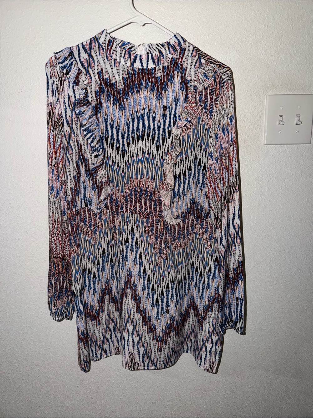 AX Paris Size 14 Multicolor Abstract Print Ruffle Long Sleeve Stretch Dress